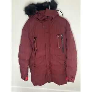 Ween Charm Men's XL Red Black Puffy Parka Fur Hood Winter Coat Full Zip